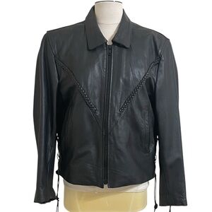 Womens black leather zip front motorcycle jacket zip out quilted lining Medium